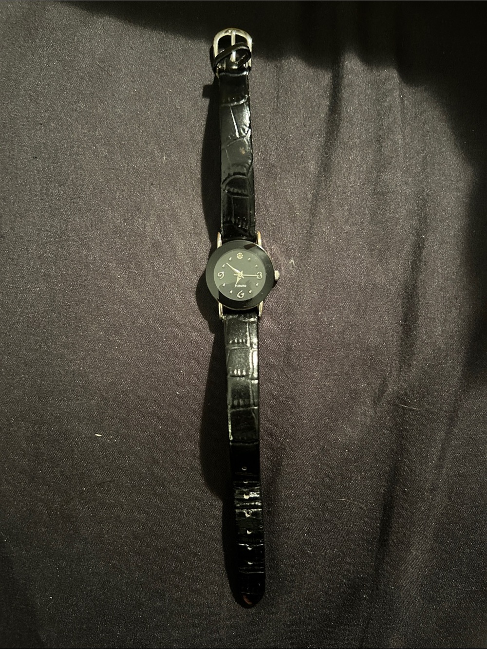 Black Leather Strap Watch with Glossy Croc Pattern